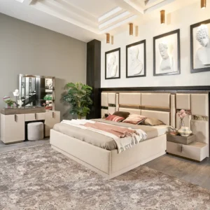 Turkish Style Luxury Jute Fabric Bed with Integrated Geometric Headboard - Image 1