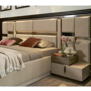 Turkish Style Luxury Jute Fabric Bed with Integrated Geometric Headboard - Image 2