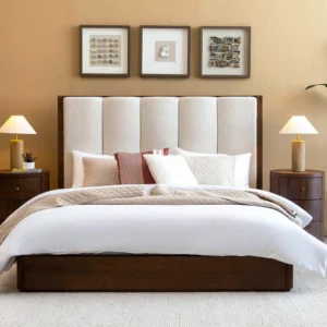 Luxury Modern Boucle Upholstered Bed with Half-Polish Dark Brown Frame - Image 1