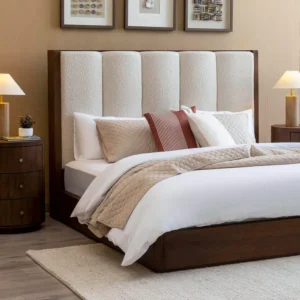 Luxury Modern Boucle Upholstered Bed with Half-Polish Dark Brown Frame - Image 3