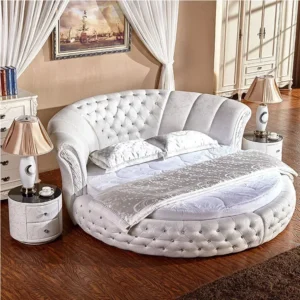 Opulent White Tufted Round Bed with Curved High Headboard - Image 1