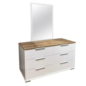 Modern Two-Tone White and Light Brown Dressing Table with Large Mirror - Image 1
