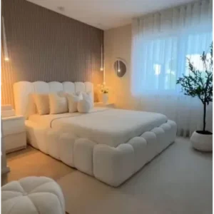 Modern White Boucle Fabric Bed with Scalloped Vertical Channel Headboard - Image 1