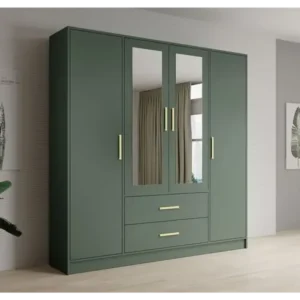 Modern Forest Green Four-Door Wardrobe with Mirrored Panels - Image 1
