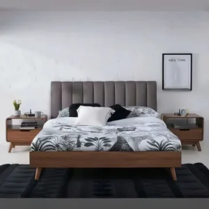 Minimalist Modern Platform Bed with Grey Ribbed Fabric Headboard - Image 1