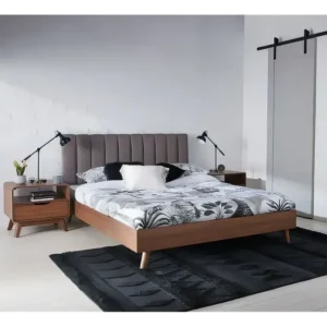 Minimalist Modern Platform Bed with Grey Ribbed Fabric Headboard - Image 2