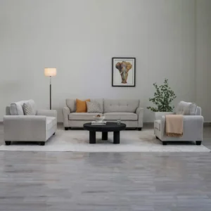 Classic Grey Fabric Sofa with Jute Accents and Black Trim - Image 2