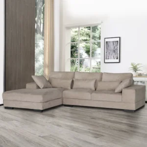 Simple Beige Velvet L-Shaped Sectional Sofa with Plush Cushions - Image 1