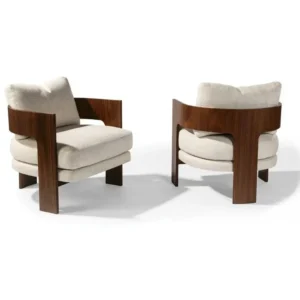 Contemporary Bedroom Accent Chairs with Curved Dark Brown Wood Wrap and Jute Fabric - Image 1