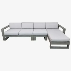 Modern Outdoor L-Shaped Sectional Sofa in Grey Wood and White Fabric - Image 1