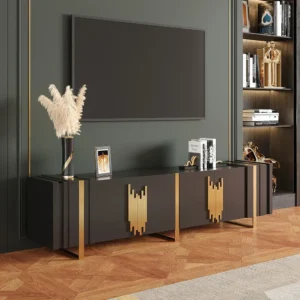 Modern Decona Black and Gold Geometric Media Console with Architectural Accents - Image 1