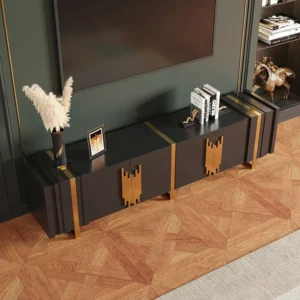 Modern Decona Black and Gold Geometric Media Console with Architectural Accents - Image 2