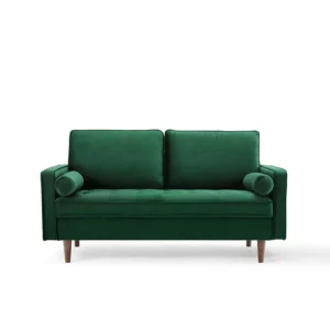 Emerald Green Velvet seat Sofa with Bolster Pillows and Walnut Legs - Image 1