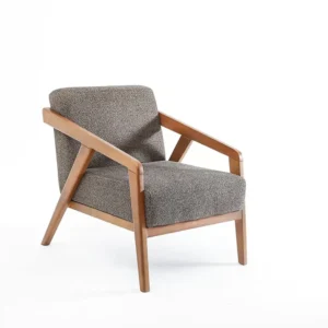 Mid-Century Modern Grey Jute Armchair with Brown Wooden Frame - Image 2