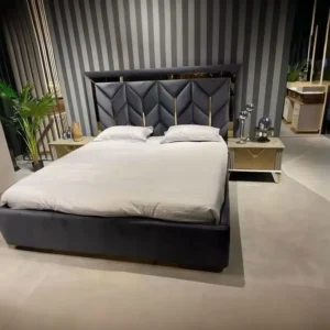 Regal Turkish Velvet Fabric Bed with Gold Inlay Chevron Headboard - Image 1