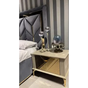 Regal Turkish Velvet Fabric Bed with Gold Inlay Chevron Headboard - Image 3