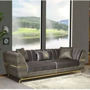 Royal Turkish Grey Velvet Sofa with Gold Trim and Channel Tufted Back - Image 1