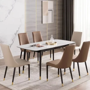 Modern Marble Top Dining Table with Two-Tone Beige and Brown Velvet Chairs - Image 1