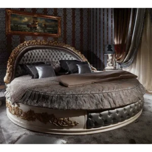 Luxury Round Deco Bed with Ornate Gold Carvings and Grey Tufting - Image 1