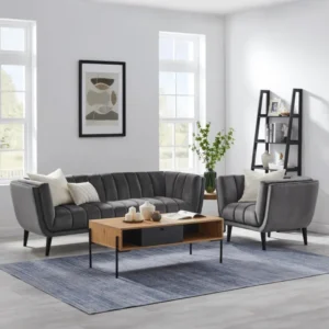 Contemporary Grey Velvet Fluted Sofa and Armchair Living Room Set - Image 1