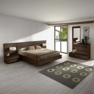 Modern Dark Brown Polish Double Bed with Integrated Floating Nightstands - Image 1