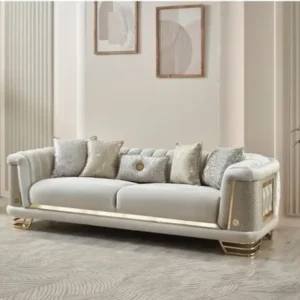 Turkish Grey Velvet Sofa with Gold Inlay and Quilted Side Panels - Image 1