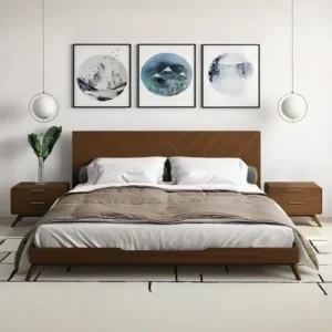 Modern Polish Wood Bed Frame with Chevron Pattern Headboard and Minimalist Nightstands - Image 1