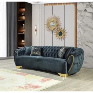 Teal Blue Chesterfield Style Tufted Sofa with Gold Trim - Image 1