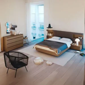 Modern Light Brown Polished Platform Bed with Integrated LED Headboard Storage - Image 1