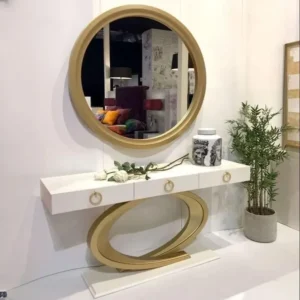 Luxury White Console Table with Gold Oval Pedestal Base and Round Mirror - Image 1