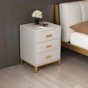 Turkish Style White Marble Top Side Table with Three Gold Handle Drawers - Image 1