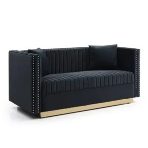 Luxury Black Velvet Sofa with Gold Base and Silver Studded Detailing - Image 1