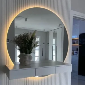 Modern Floating Dressing Table with Backlit Circular Mirror and Fluted Panels - Image 1