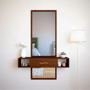 Minimalist Wall-Mounted Brown Wooden Dressing Table with Full Length Mirror - Image 1