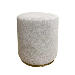 Round White Boucle Pouffe Ottoman with Recessed Gold Base - Image 1
