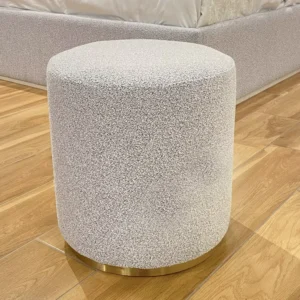 Round White Boucle Pouffe Ottoman with Recessed Gold Base - Image 3