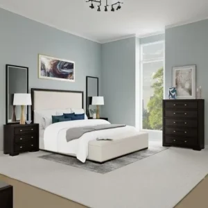 Classic Dark Brown Wooden Bed with Cream Upholstered Headboard - Image 1