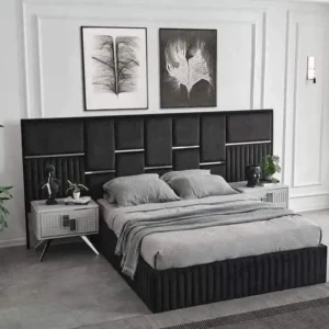 Turkish Style Black Velvet Bed with Multi-Panel Oversized Headboard - Image 1