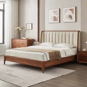 Scandinavian Style Light Brown Solid Wood Bed with Ribbed Headboard - Image 1