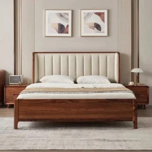 Scandinavian Style Light Brown Solid Wood Bed with Ribbed Headboard - Image 2