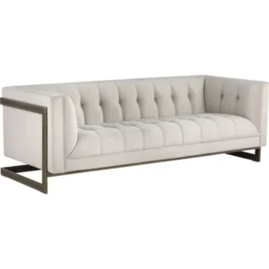 Sophisticated White Velvet Tuxedo Sofa with Dark Brown Geometric Perimeter Frame - Image 1