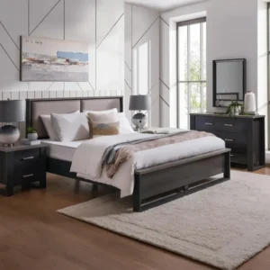Contemporary Dark Brown Half Polish and Grey Fabric Upholstered Bed - Image 1