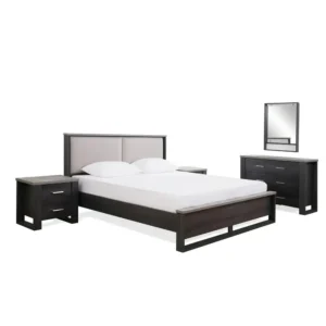 Contemporary Dark Brown Half Polish and Grey Fabric Upholstered Bed - Image 2