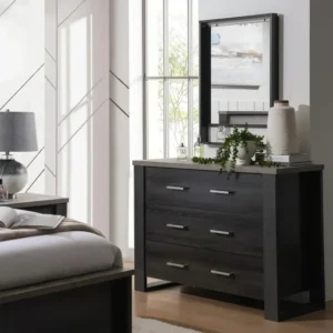 Contemporary Dark Brown Half Polish and Grey Fabric Upholstered Bed - Image 3