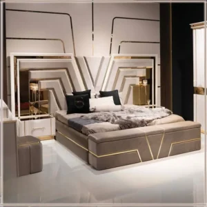 Avant-Garde Grey and White Geometric Fabric Bed with Gold Inlays - Image 1