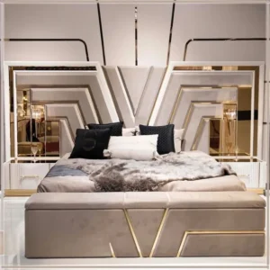 Avant-Garde Grey and White Geometric Fabric Bed with Gold Inlays - Image 2