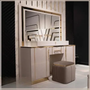 Avant-Garde Grey and White Geometric Fabric Bed with Gold Inlays - Image 3