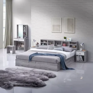 Urban Grey Laminated Platform Bed with Integrated Headboard Storage and LED Lighting - Image 1