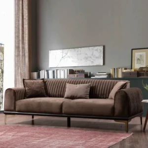 Luxurious Modern Brown Velvet Fabric Sofa with Vertical Channel Tufting and Gold Accents - Image 1