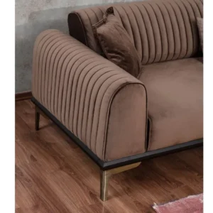 Luxurious Modern Brown Velvet Fabric Sofa with Vertical Channel Tufting and Gold Accents - Image 2